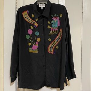 Bob Mackie Black Silk Blouse circus theme beading balloons horse size 12
